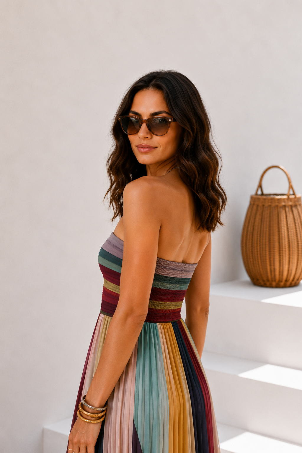 Aurora | Vestido mujer strapless plisado multicolor