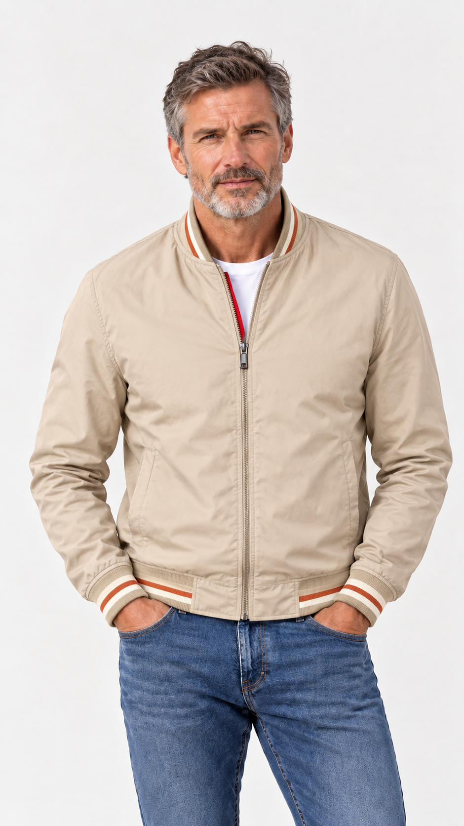 Javier | Chaqueta bomber ligera con cuello y puños de canalé a rayas