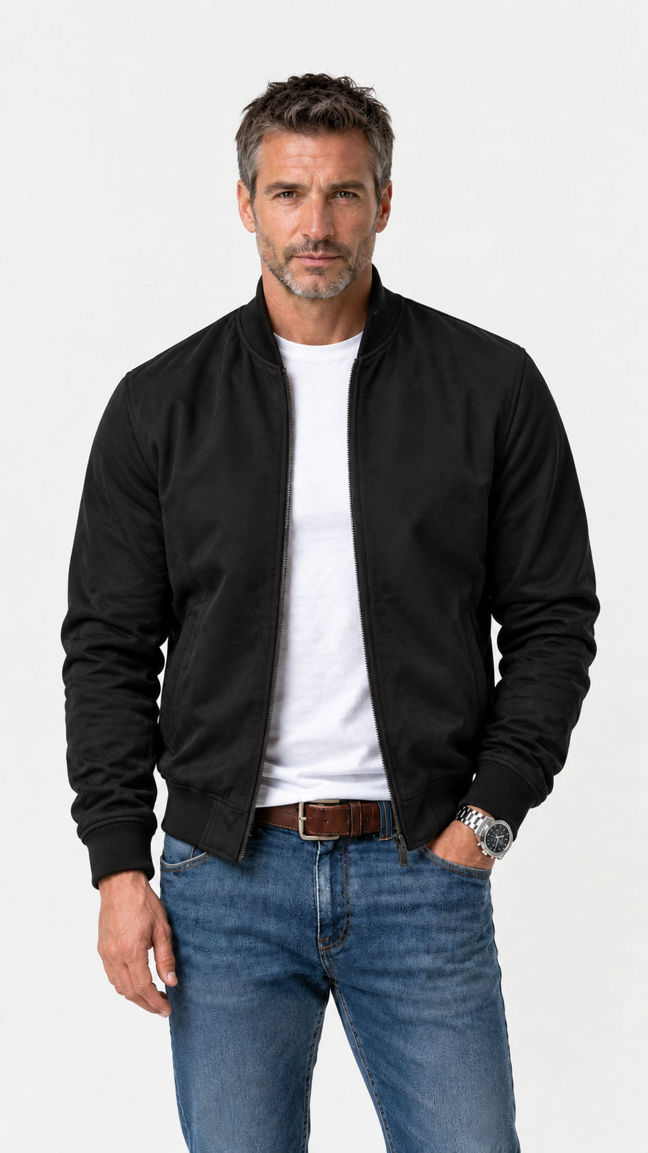 Álvaro | Chaqueta bomber topo de ante con cuello alto y puños de canalé