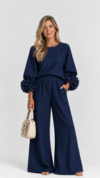Isabela | Conjunto mujer lino manga flor palazzo rosa