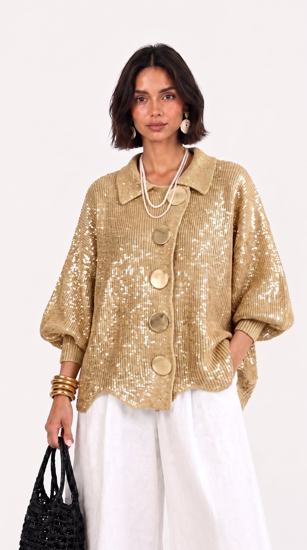 Carlota | Chaqueta de punto cuello polo manga abullonada bajo ondulado