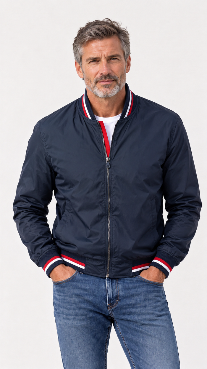 Javier - Chaqueta bomber ligera con cuello y puños de canalé a rayas