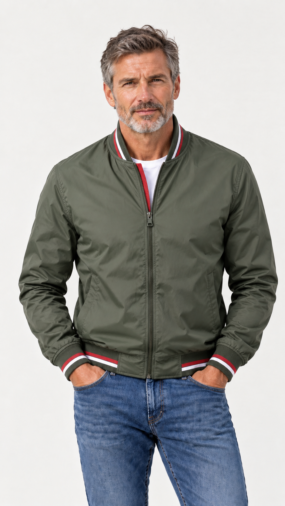 Javier | Chaqueta bomber ligera con cuello y puños de canalé a rayas