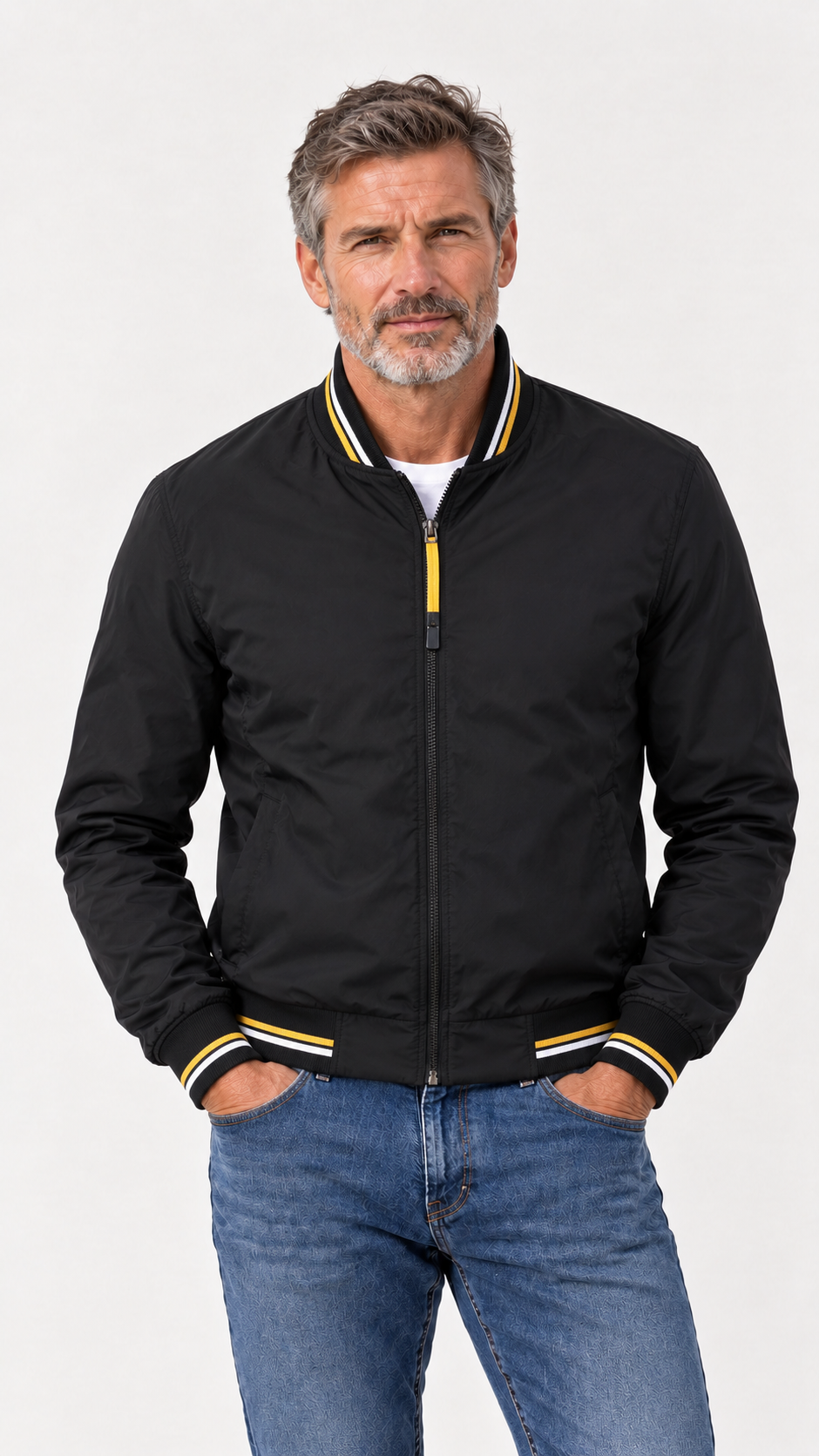 Javier | Chaqueta bomber ligera con cuello y puños de canalé a rayas