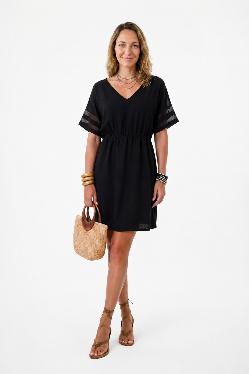 Nina | Vestido Corto Negro con Mangas de Malla y Cintura Elástica