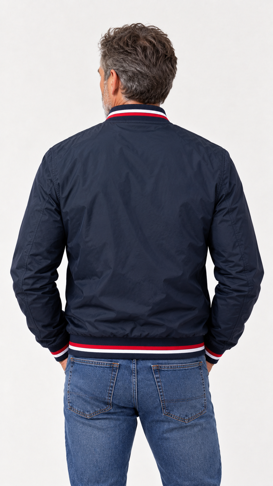 Javier | Chaqueta bomber ligera con cuello y puños de canalé a rayas