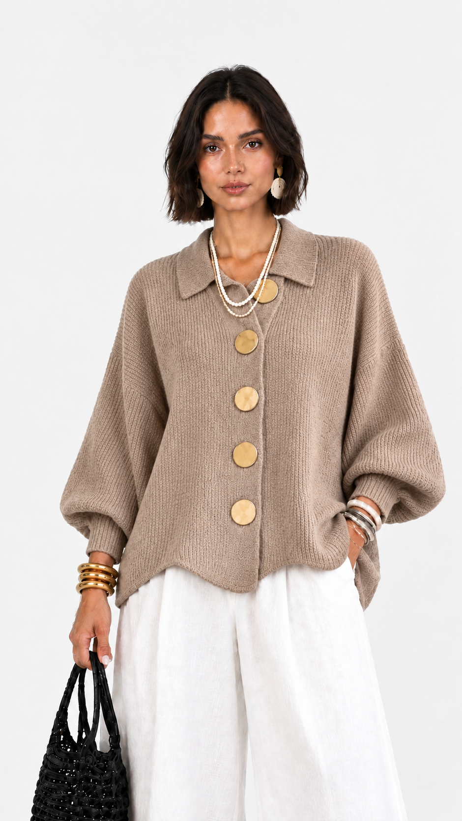 Carlota | Chaqueta de punto cuello polo manga abullonada bajo ondulado