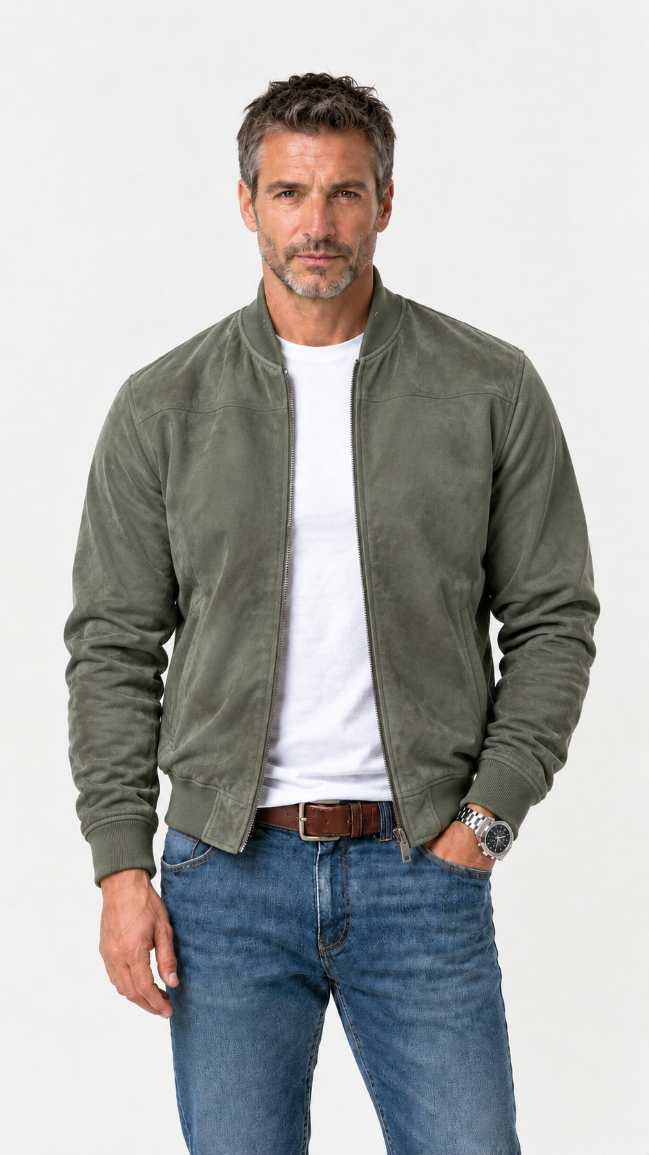 Álvaro | Chaqueta bomber topo de ante con cuello alto y puños de canalé