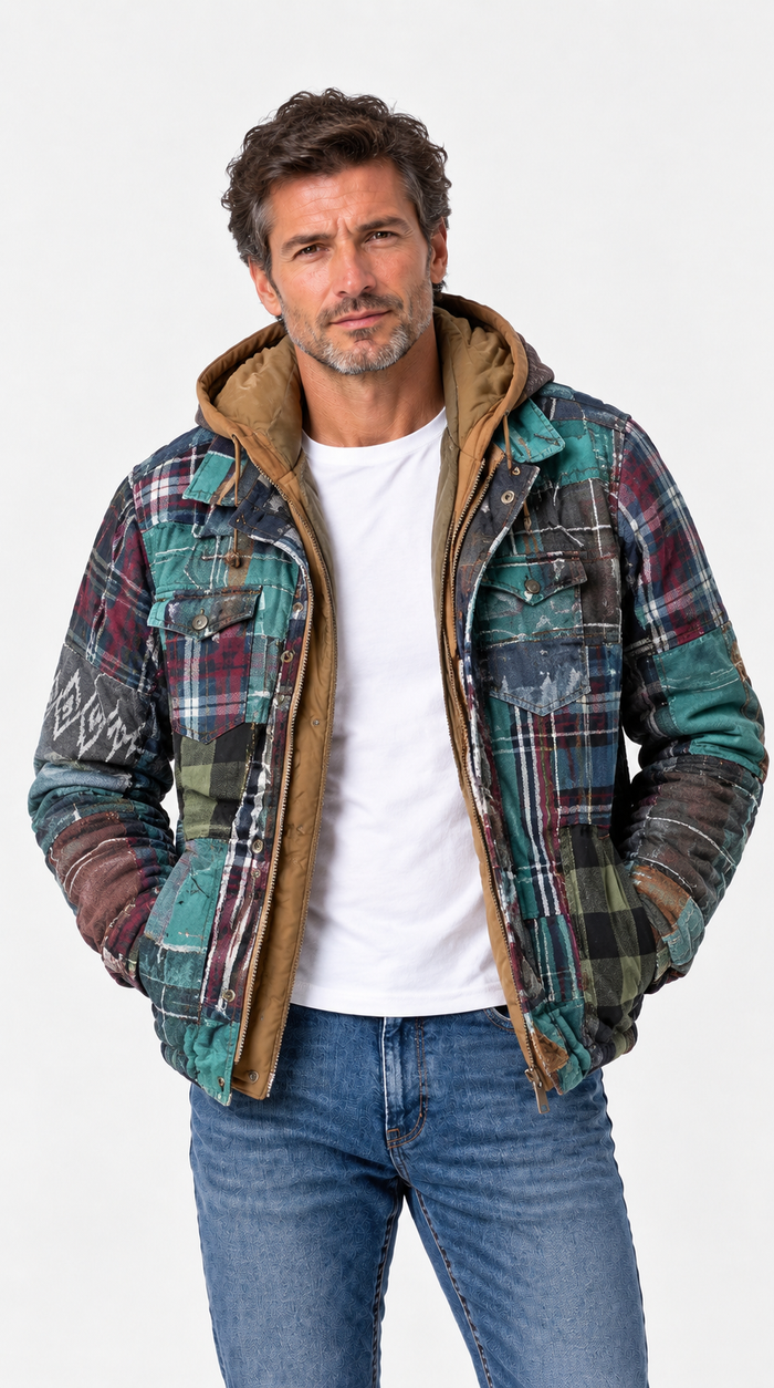 Tomás - Chaqueta patchwork de cuadros con capucha y forro acolchado