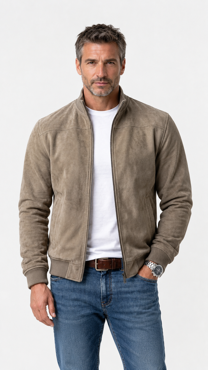 Álvaro - Chaqueta bomber topo de ante con cuello alto y puños de canalé