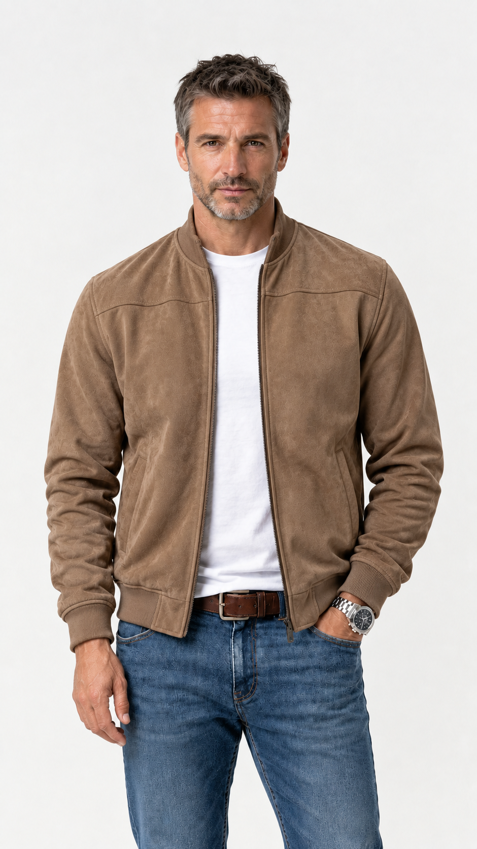 Álvaro | Chaqueta bomber topo de ante con cuello alto y puños de canalé