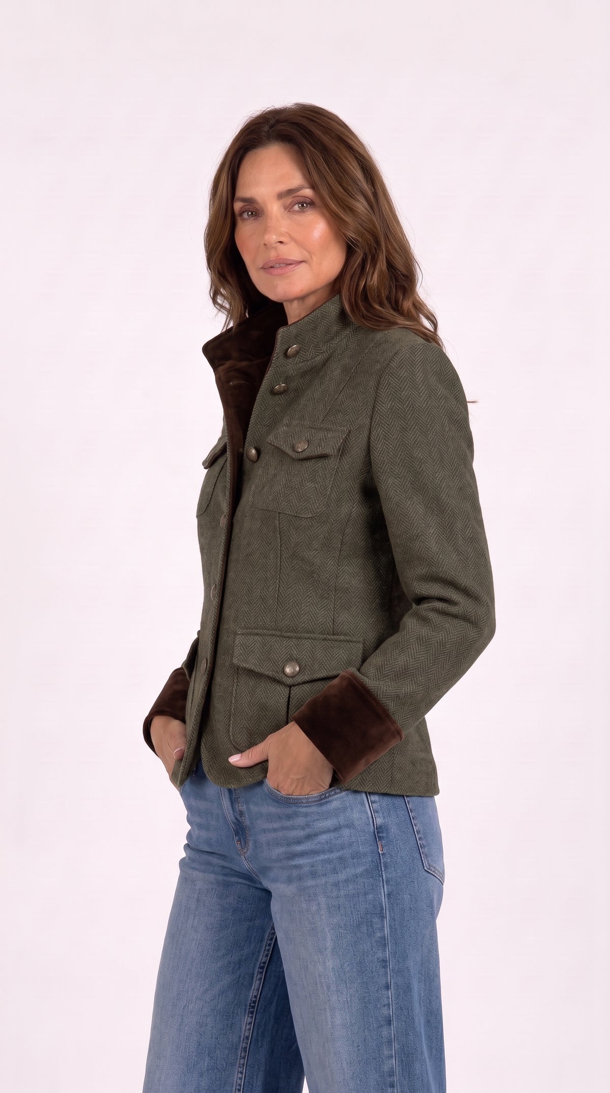 Victoria | Chaqueta de tweed en espiga con cuello y puños de terciopelo