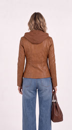 Olivia | Chaqueta biker efecto piel con capucha desmontable y cremalleras