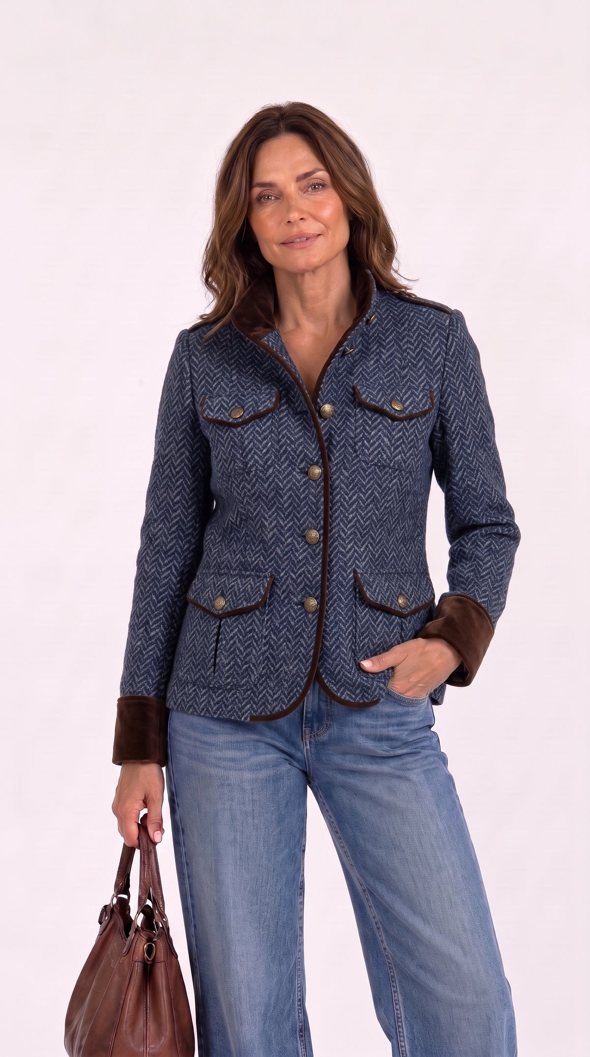 Victoria | Chaqueta de tweed en espiga con cuello y puños de terciopelo