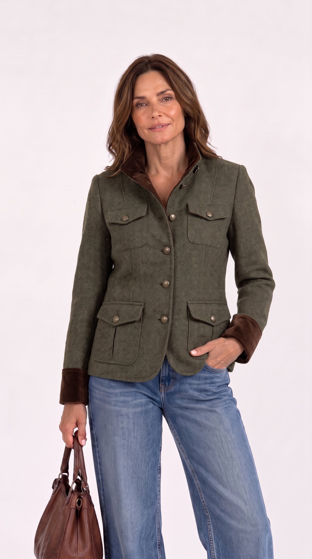Victoria | Chaqueta de tweed en espiga con cuello y puños de terciopelo